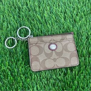 COACH CC Print Mini Skinny Id Case In Signature Canvas Purple Plum Brown Wallet